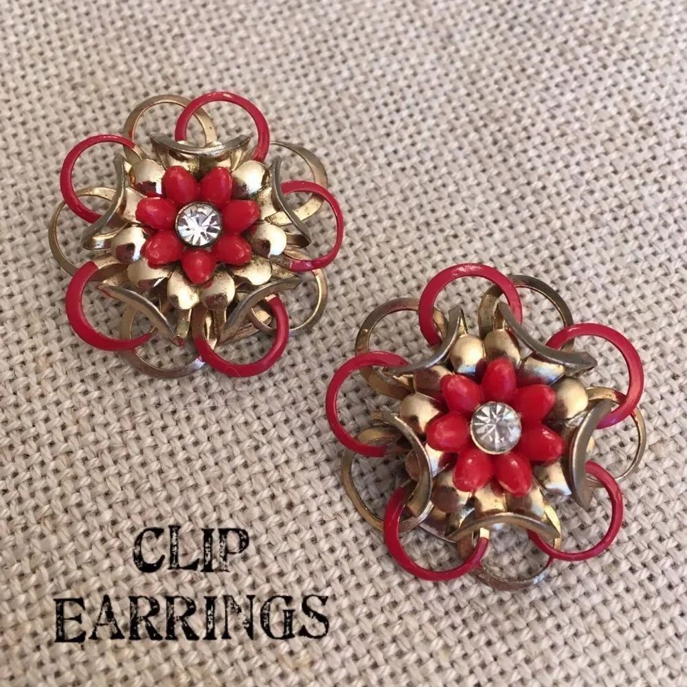 Vintage Goldtone & Red Clip Earrings